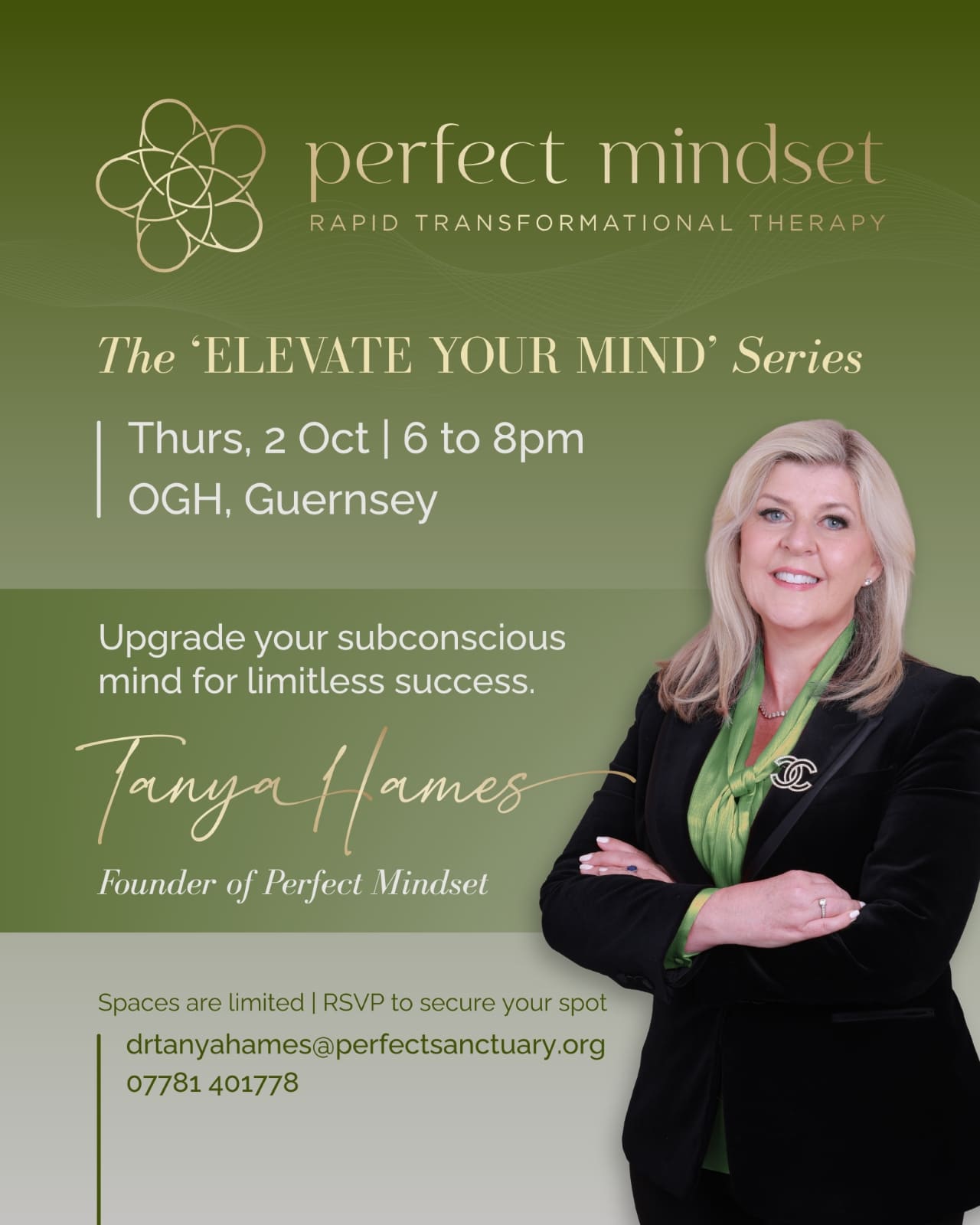 A promotional poster for Perfect Mindset: Rapid Transformational Therapy featuring Dr Tanya Hames. Event details: 2 Oct, 6–8pm, OGH Guernsey. RSVP info at the bottom. Tanya stands smiling with arms crossed on the right.