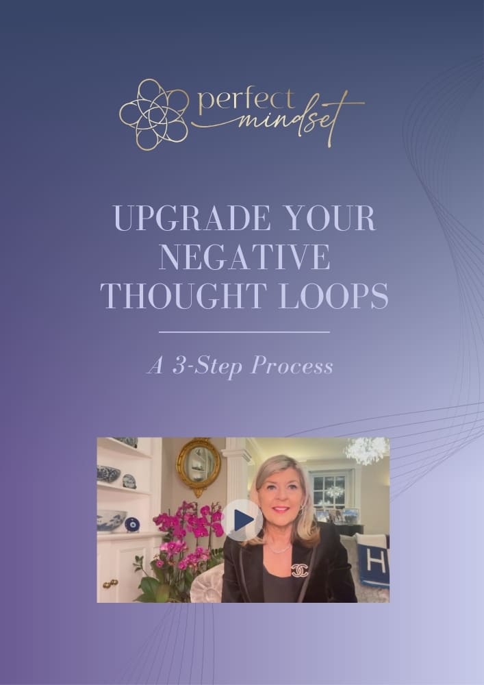Upgrade your negative thought loops "Upgrade your negative thought loops" guide cover. Purple cover with a photo of RTT therapist, Dr Tanya Hames and a gold logo of Perfect Mindset.