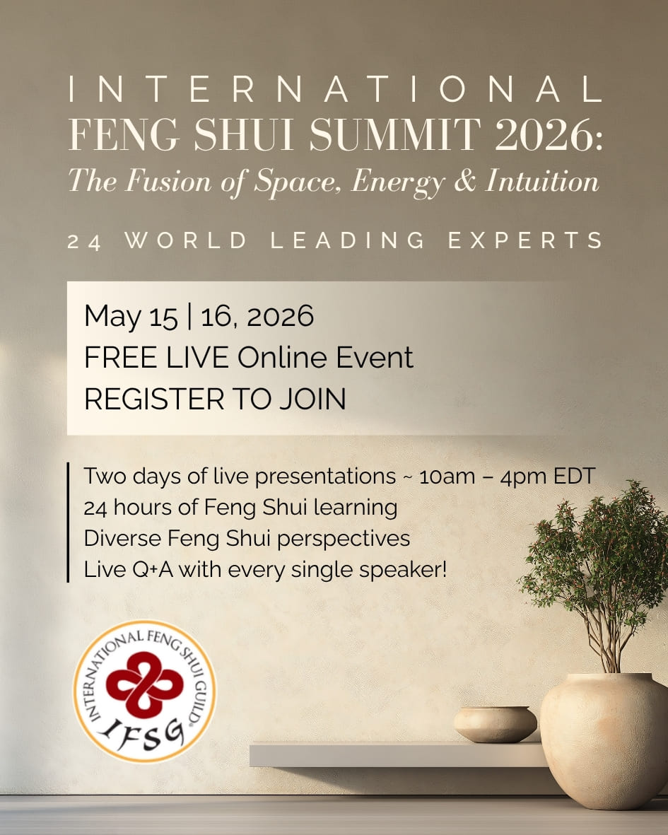 A promotional poster advertises the “International Feng Shui Summit 2026,” a free live online event with dates, details, and registration information.