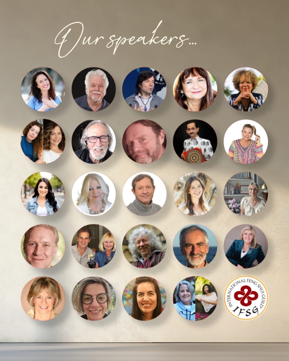 A poster displays multiple circular headshots of speakers under the heading “Our speakers…” for the International Feng Shui Summit.