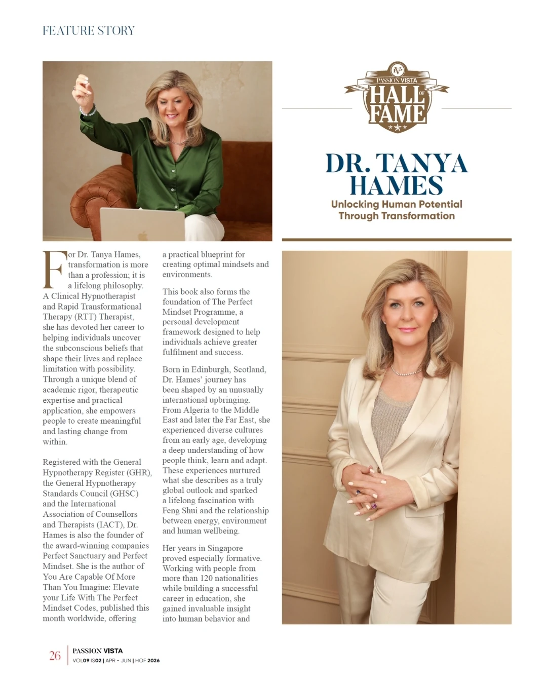 Passion Vista magazine feature page profiling Dr. Tanya Hames, with photographs of her working on a laptop and posing in a white suit, alongside text about her career, therapeutic work, books, Perfect Sanctuary and personal transformation.