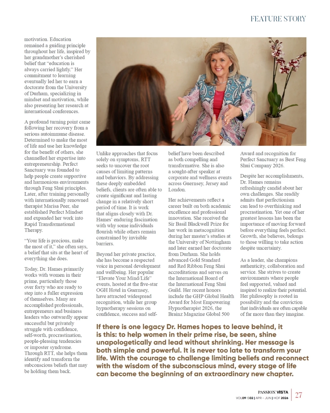 Passion Vista magazine feature page featuring photographs of Dr. Tanya Hames speaking with a woman and a portrait of her in a patterned suit, alongside an article about her work in personal transformation, Rapid Transformational Therapy and empowering women.